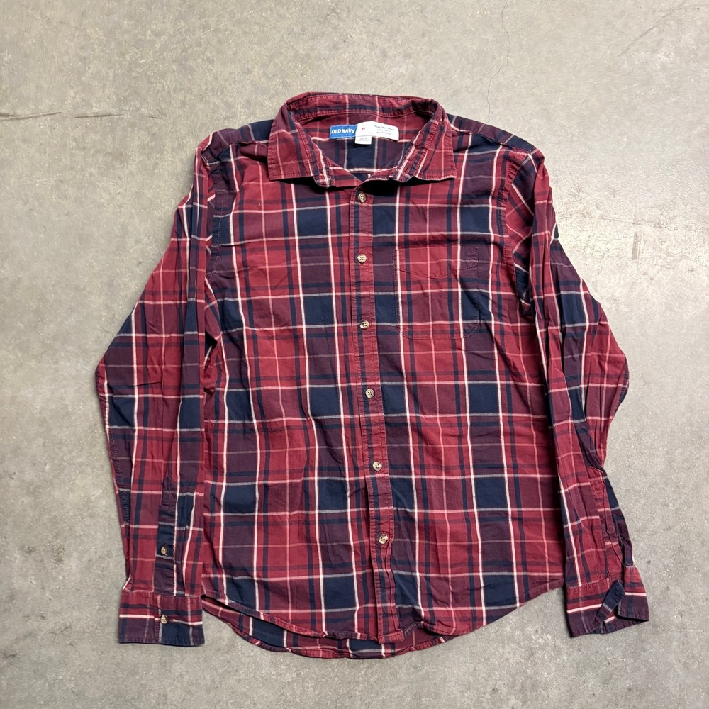 Old Navy Mens Shirt Plaid Burgundy Navy Blue Regular Fit Built-In Flex M
